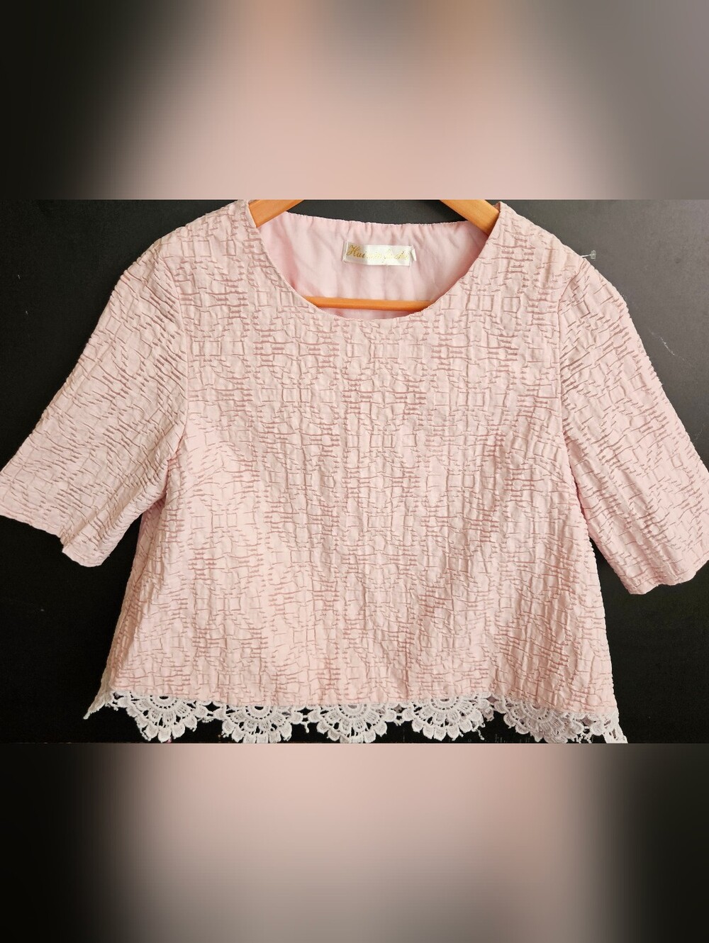 Hui Xin Fu Shi Pink Textured Lace Hem Blouse  Fits Small.